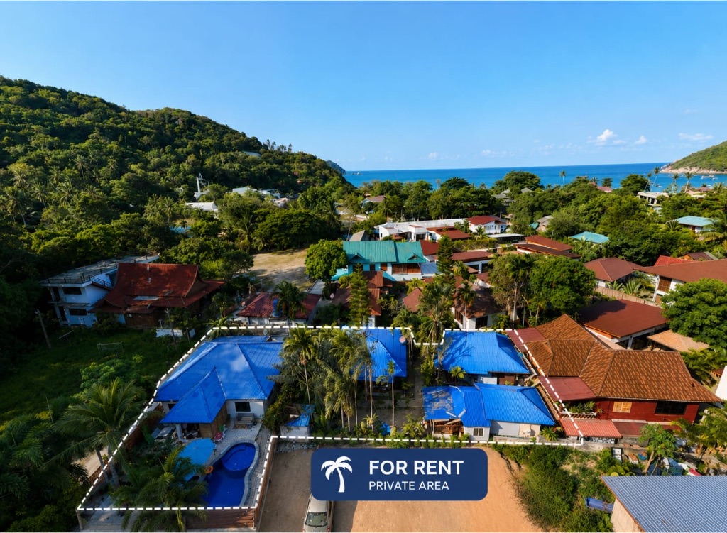 Aerial view of the whole private property, marked FOR RENT