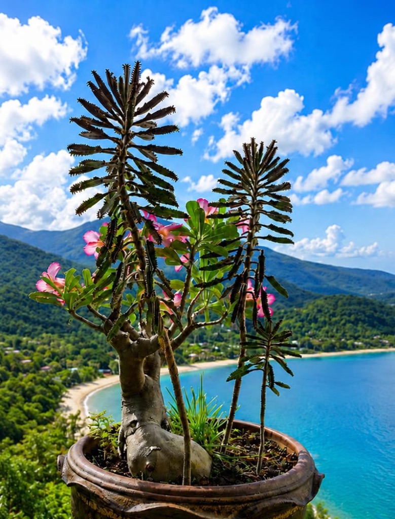Desert rose plant overlooking Thong Nai Pan bay