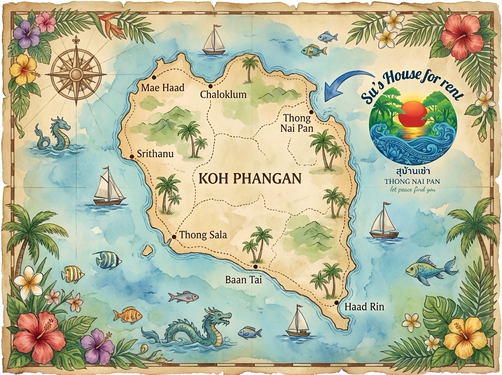 Illustrated map of Koh Phangan showing Su's House at Thong Nai Pan